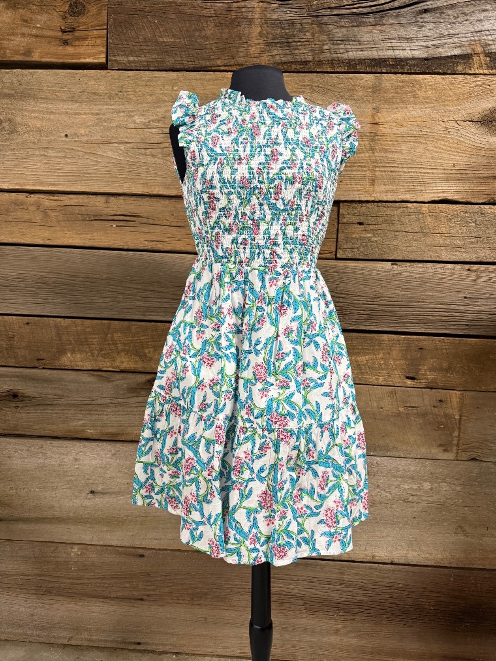 J. Crew Smocked bodice dress, white/aqua/pink, medium